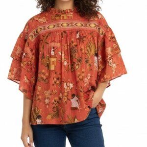 Farm Rio Secret Garden Smocked Ruffle Top Blouse Medium New